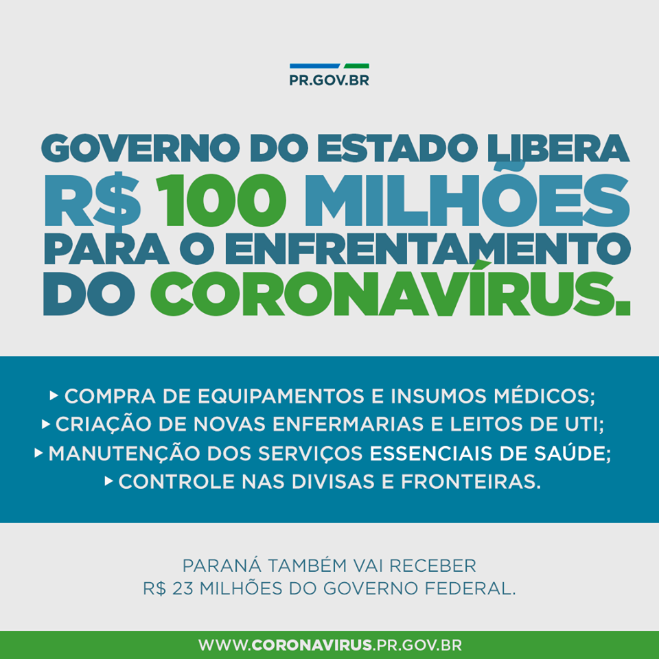 Governo do Estado libera R$ 100 milhões para o enfrentamento do Coronavírus