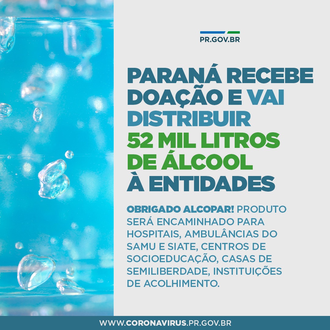 Paraná recebe doação e vai distribuir álcool à entidades